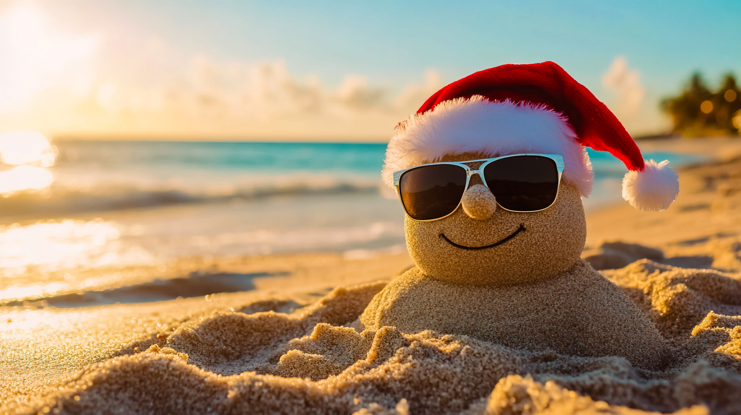 Bonhomme de sable avec lunettes de soleil et bonnet de Noël sur une plage ensoleillée, symbole de vacances de Noël au soleil